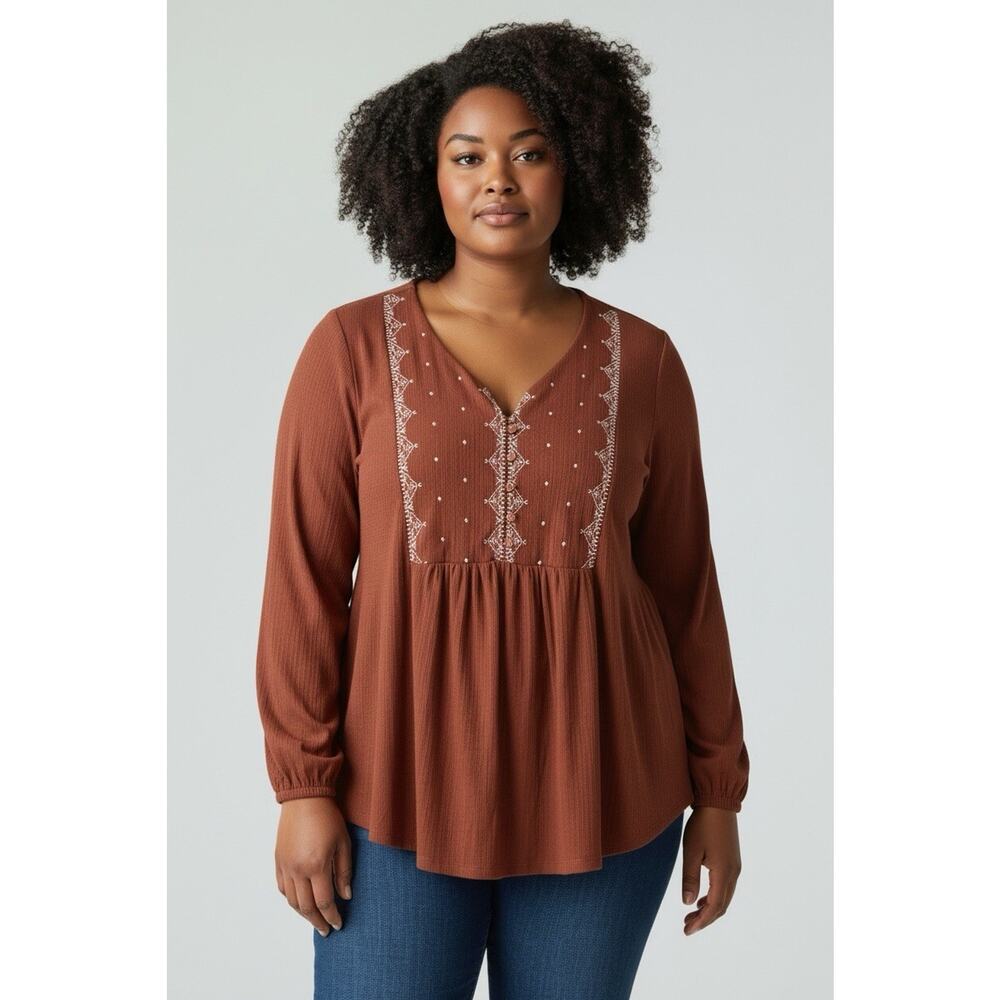 Torrid waffle knit tunic top 2X Brown Long sleeve shirt V-neck Tribal Boho